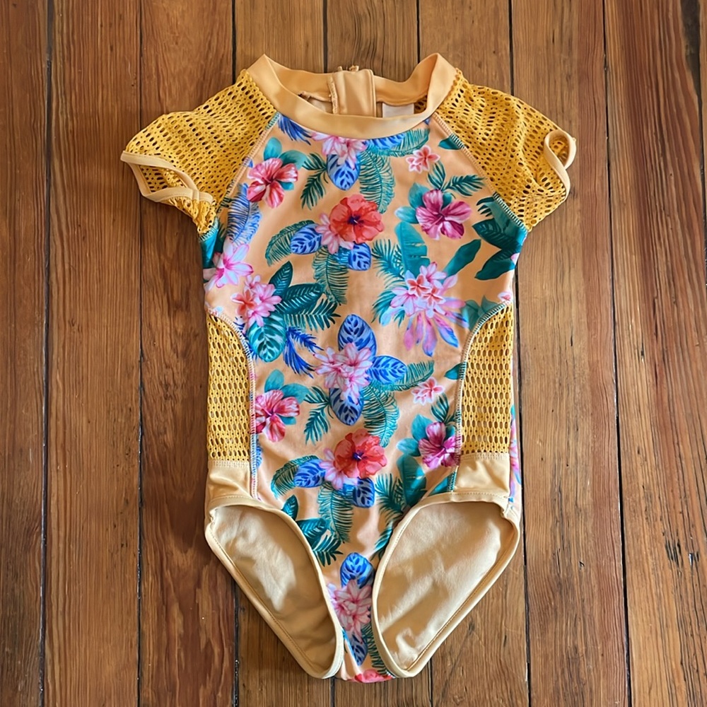 Yellow floral one piece bathing suit size 7 / 8